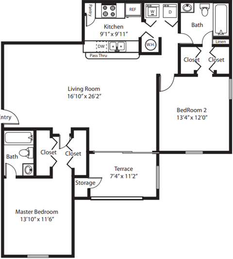 Floor plan for 2 beds, 2 baths, 1324 sqft